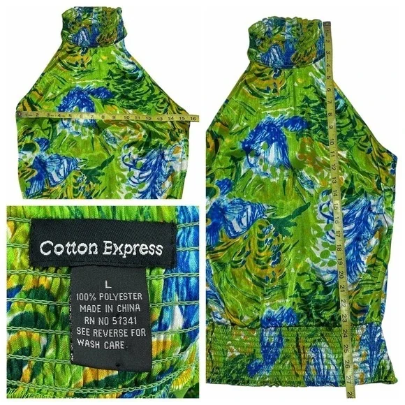 COTTON Express Green Blue Floral Print Open Back Halter Sleeveless Blouse - Picture 11 of 11
